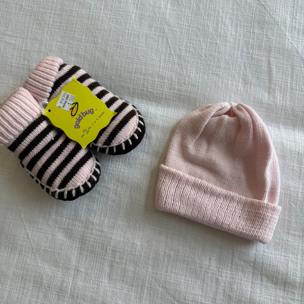 Gold Bug Baby Pink Brown Striped Knit Booties and Beanie Hat Set Size 2 3-6 M